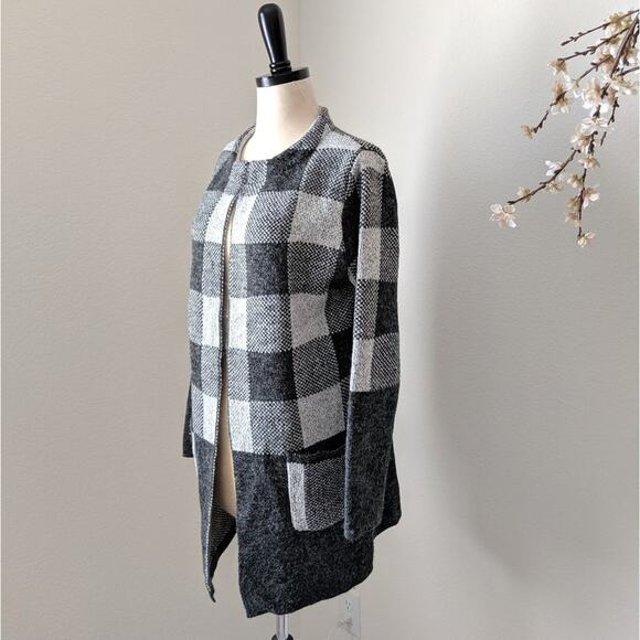 YAIRA Checkered Plaid Long Open Cardigan Jacket Sweater Check Patten Knit Medium - Picture 5 of 8